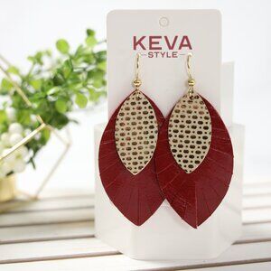 🆕 Keva Style Leather Layered Earrings Red and Gold